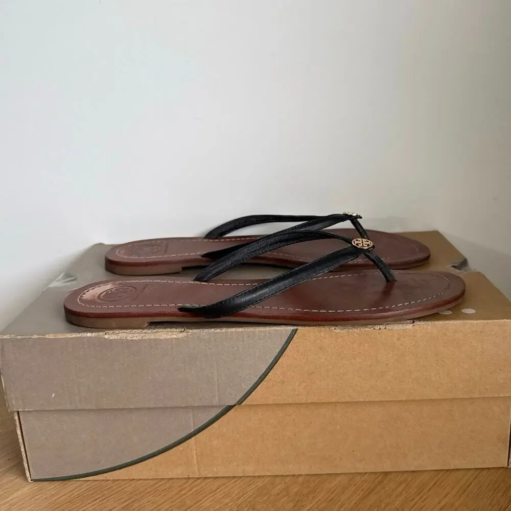 Tory Burch Terra Black Leather Women Slip On Sandals- SZ 11